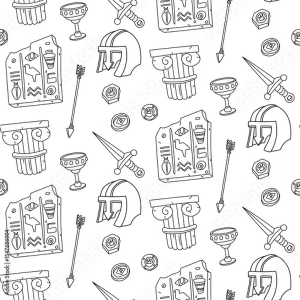 Fototapeta Doodle pattern museum artifacts. Blade, Greek column, arrows, helmet, slab with Egyptian hieroglyphs, cup, coins. for designing websites, prints, books, educational materials on history and culture