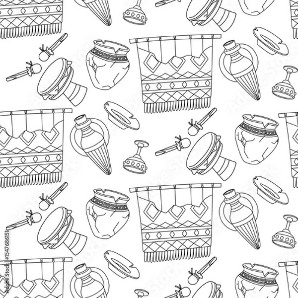 Fototapeta Pattern doodle museum artifacts. Jug, drum, carpet, dishes, cup. Human life activity. Suitable for designing websites, prints, books, children's and educational materials on history and culture