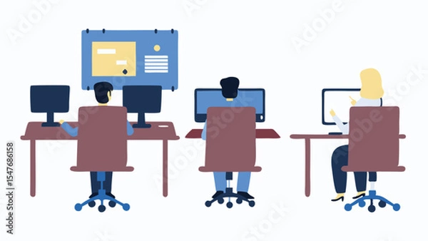 Fototapeta Illustration of three people sitting at desks working on computers in an office environment setting