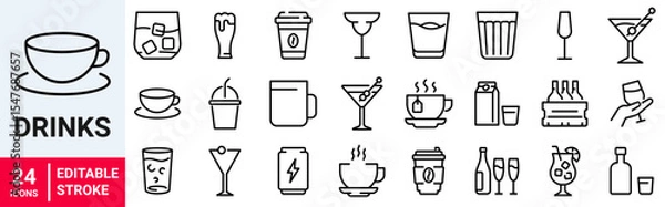 Fototapeta Drinks web icons in line style. Coffee, tea, soda, beer, alcohol, coctail, energy, wine, collection. Vector illustration