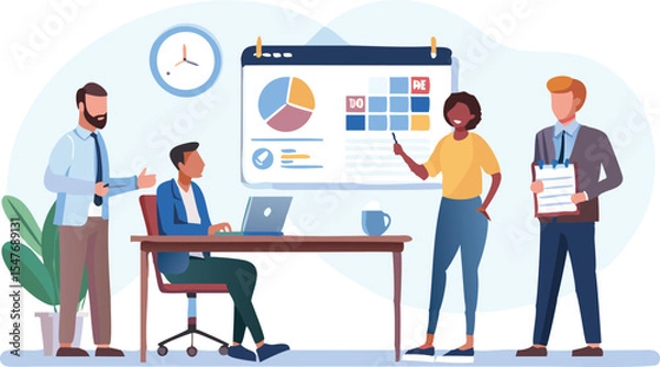 Fototapeta Illustration of a business meeting with a pie chart presentation and four people present in an office