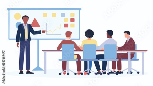 Fototapeta A presenter giving a presentation to a group of people in a conference room with a whiteboard diagram