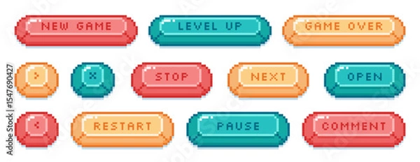 Fototapeta Vector set of pixel art open, pause, next, stop, level up color buttons. Pixelated video game symbols, frame, interface menu icons in 8bit retro style. Vector ui elements for mobile app, arcade design