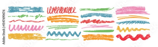 Fototapeta Charcoal underlines, color scribbles and wavy brush strokes. Kids hand drawn doodle squiggles, curly lines. Pencil chalk think and rough stripes, freehand crayon strikethroughs on white background