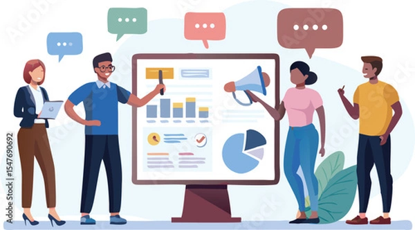 Fototapeta Group of people presenting business data on a large screen with charts and graphs and speech bubbles above