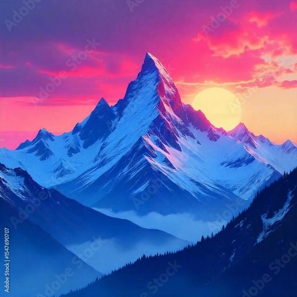 Fototapeta A mountain range with a sunset
