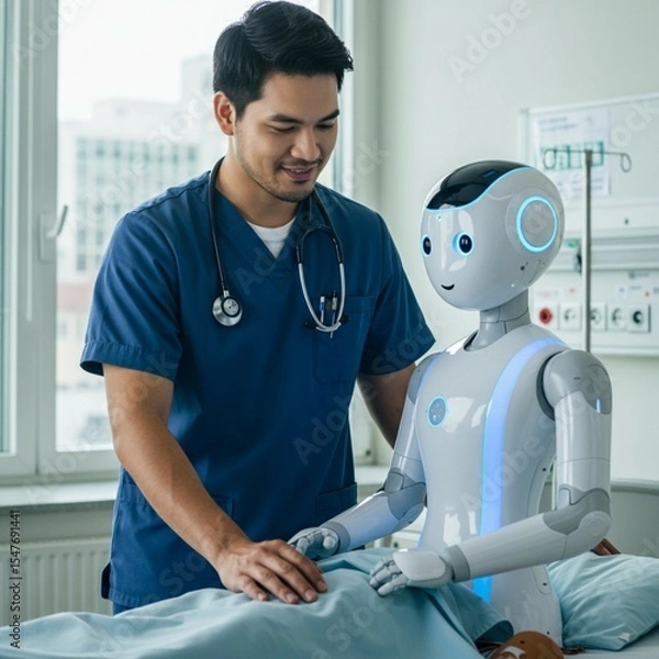 Obraz A nurse and AI-powered robot provide care in a hospital room, illustrating future healthcare collaboration between humans and machines.