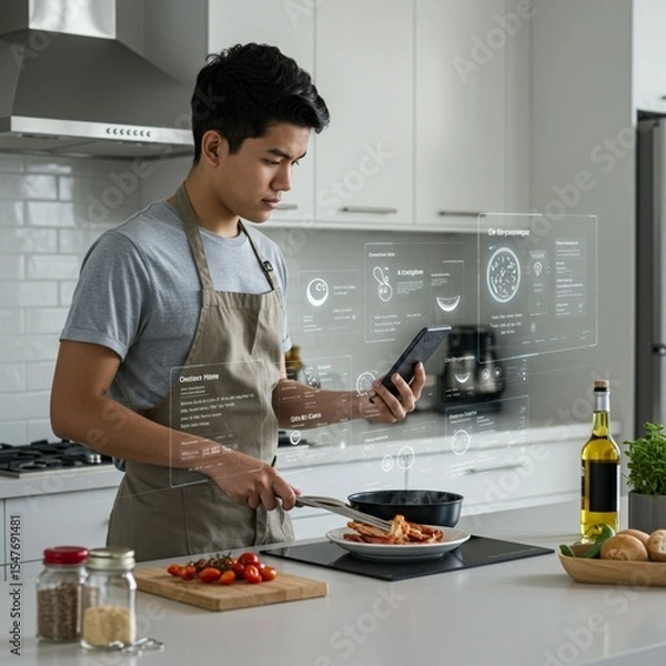 Fototapeta A person interacts with a voice assistant while cooking in a high-tech kitchen, showing the convenience of AI in daily tasks.