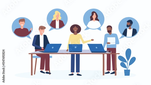Fototapeta People in a virtual meeting with laptops and speech bubbles showing faces of remote participants online