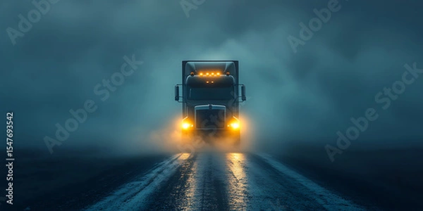 Fototapeta Freight transportation amidst dense fog a semi truck navigating a wet road in ominous weather conditions