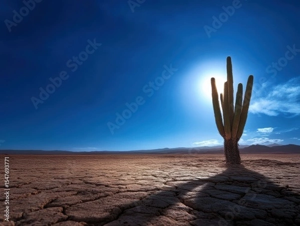 Fototapeta Cactus stands alone under bright sun in arid desert landscape during daytime with an expansive clear blue sky