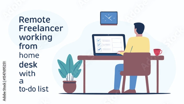 Fototapeta Illustration of a remote worker at a desk with a laptop, plant, clock, and coffee cup in a home office setup