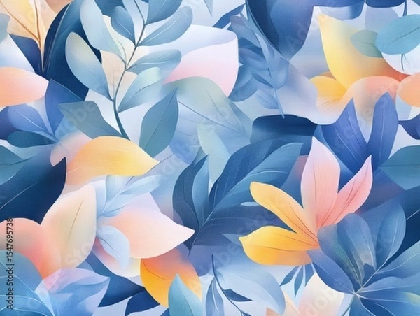 Fototapeta Colorful abstract foliage pattern featuring various leaf shapes in soft pastel shades of blue, pink, and yellow