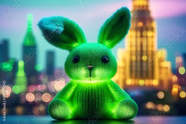 Obraz Generated image, grüner Wollhase in Neonfarben
