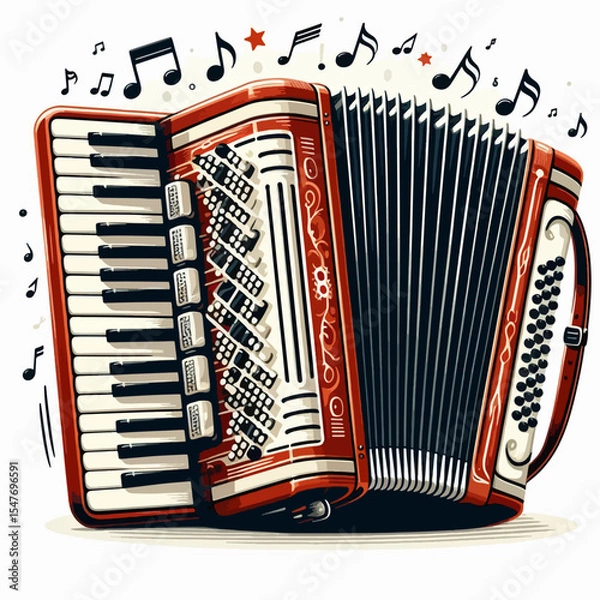Obraz Digitally created illustration of an accordion, featuring musical notes, set against a white background.  The instrument is presented in a vibrant red hue.