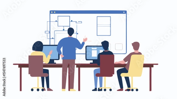 Fototapeta Team of four people working at computers with a diagram on a screen in the background shown