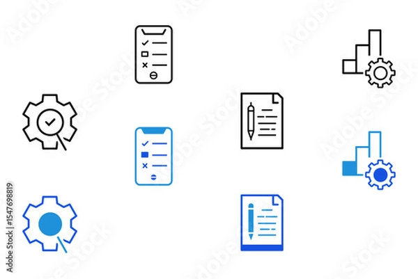 Fototapeta Task line and flat icon set. Checklist, poll, multitasking, decision, voting, checkmark, planning, schedule, goal, collaboration icons. Editable vector illustration