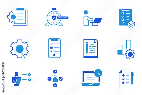 Fototapeta Task solid flat icon set. Checklist, poll, multitasking, decision, voting, checkmark, planning, schedule, goal, collaboration icons. Editable vector illustration