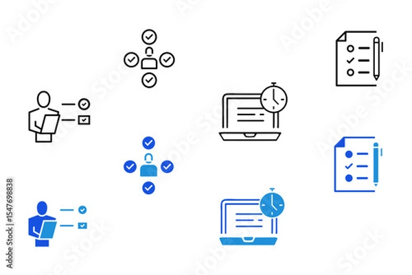 Fototapeta Task line and flat icon set. Checklist, poll, multitasking, decision, voting, checkmark, planning, schedule, goal, collaboration icons. Editable vector illustration
