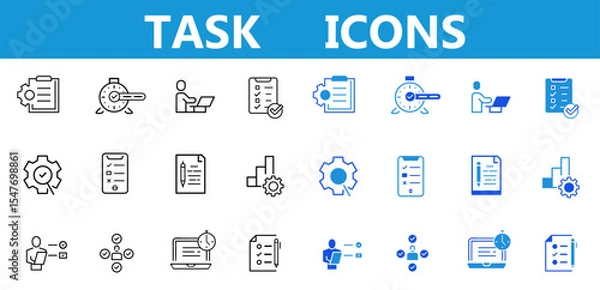 Fototapeta Task line and flat icon set. Checklist, poll, multitasking, decision, voting, checkmark, planning, schedule, goal, collaboration icons. Editable vector illustration