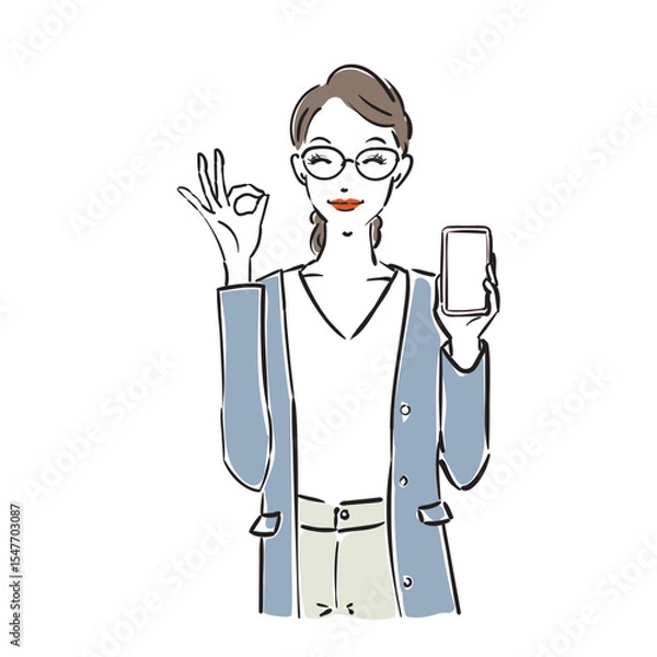 Obraz スマホを持つメガネ姿のかっこいいビジネスウーマン