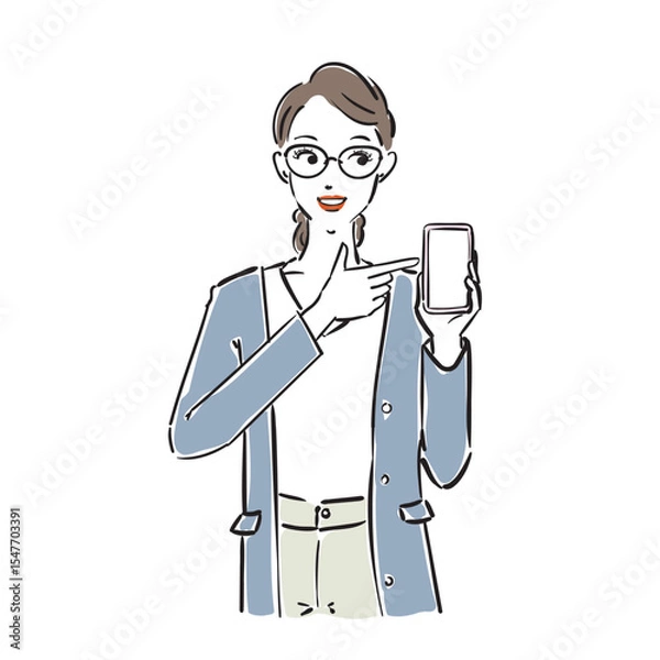Obraz スマホを持つメガネ姿のかっこいいビジネスウーマン