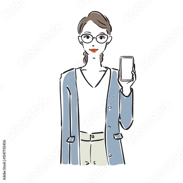 Obraz スマホを持つメガネ姿のかっこいいビジネスウーマン