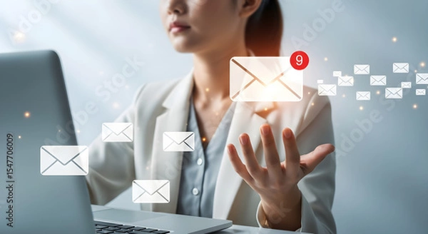 Fototapeta Emails with Business Woman Receiving Emails Over Laptop