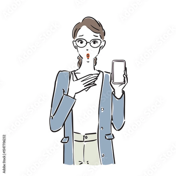 Obraz スマホを持つメガネ姿のかっこいいビジネスウーマン