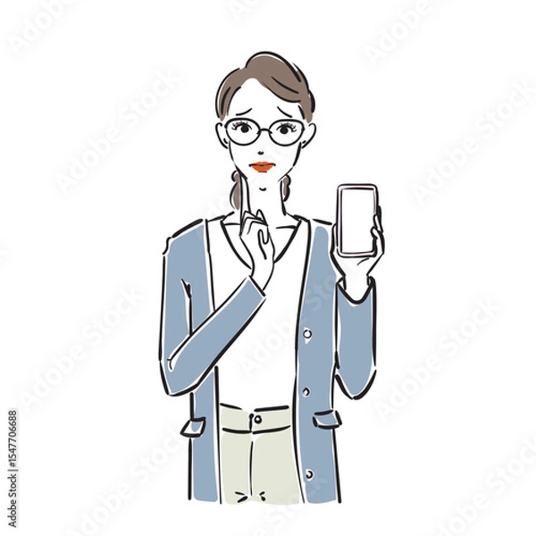 Obraz スマホを持つメガネ姿のかっこいいビジネスウーマン