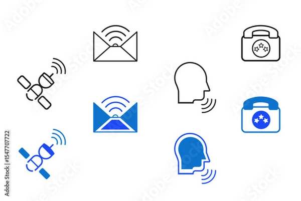 Fototapeta Communication line and flat icon set. Speak, phone, mail, contact, chat, website, satellite, radio, online conservation, social media message concepts, message icons. Editable vector illustration