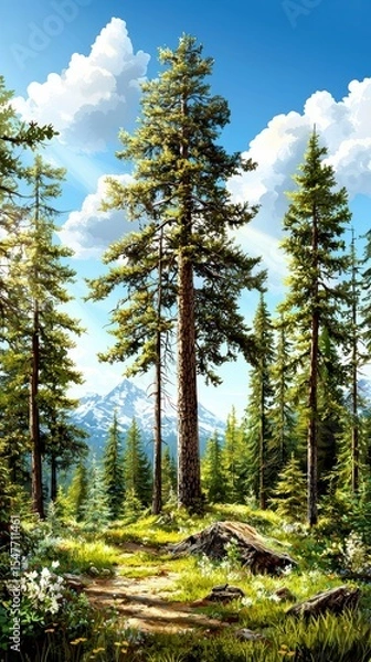Obraz Majestic Evergreen Forest Landscape Tall Pine Trees, Mountain View, Sunny Day