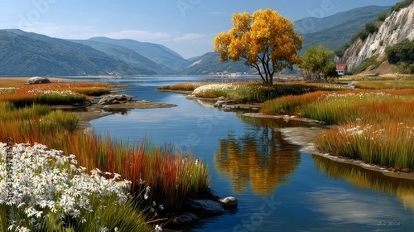 Obraz Serene Autumn Landscape Golden Tree by Calm River and Mountain Vista