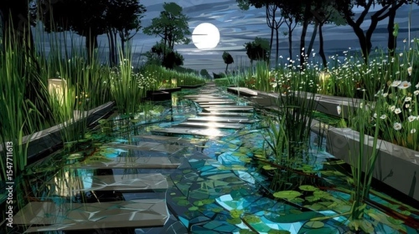 Obraz Enchanted Moonlight Garden Path Serene Waterway Steps Leading to Tranquility