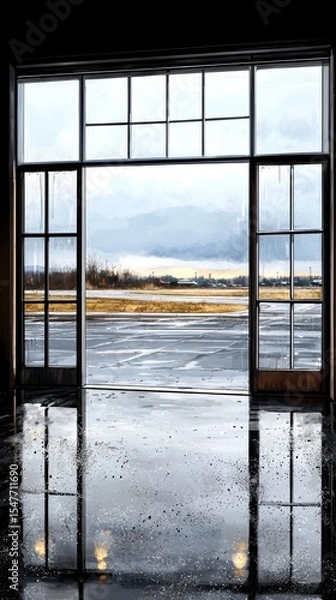 Obraz Open Doorway to Runway A View Through Industrial-Style Sliding Doors
