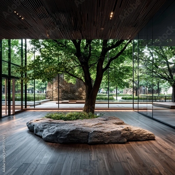 Obraz Modern Architectural Design Featuring Indoor Tree and Stone Landscape