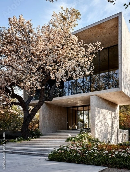 Obraz Modern Concrete House with Blossoming Tree and Glass Balcony