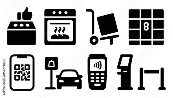 Obraz Transportation and service solid icon set. delivery, cooking, navigation icons collection