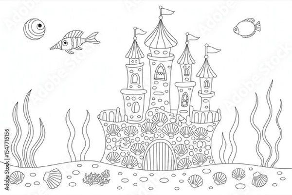 Obraz Underwater castle, nestled in sea shells, surrounded by seaweed and fish.

