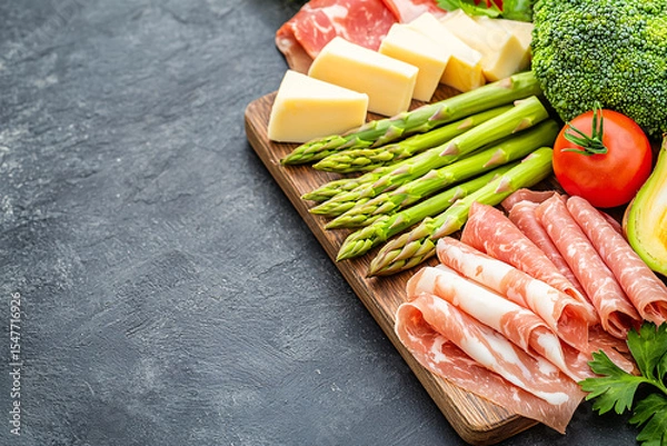 Fototapeta An appetizing charcuterie board features cured meats, cheese, fresh vegetables, and asparagus spears.