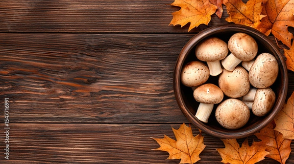 Fototapeta A rustic wooden bowl is filled with fresh mushrooms and surrounded by autumn leaves on wood planks.