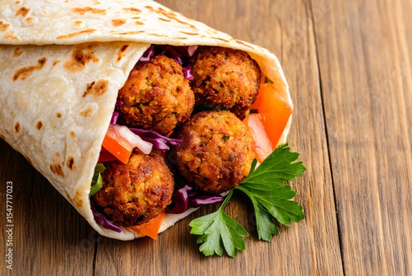 Fototapeta Fresh falafel wrap with red cabbage, tomatoes, and parsley served on a wooden table close-up.