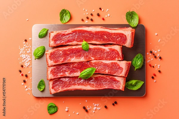 Fototapeta Raw beef ribs arranged on a metal board with fresh basil leaves and spices on coral surface.