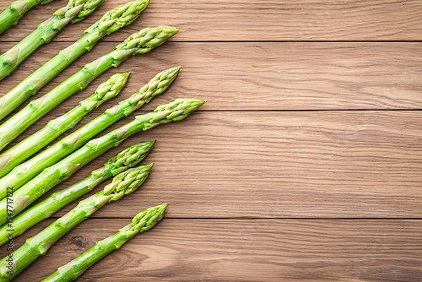 Fototapeta Fresh green asparagus spears are arranged diagonally on a rustic brown wooden surface texture.