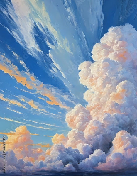 Fototapeta Wisps of dramatic clouds stretch across the evening sky, illuminated by warm hues of sunset. The vibrant display contrasts against the tranquil blues, creating a serene atmosphere Generative AI