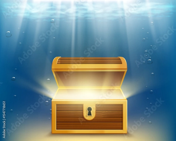 Obraz Blank treasure chest with glow inside, on the ocean floor. Vector illustration