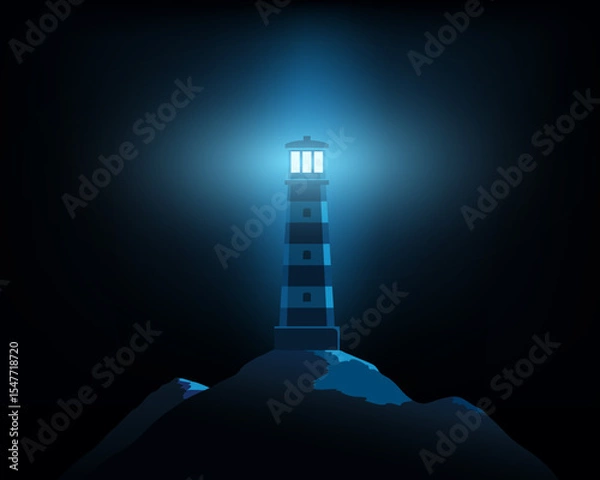 Obraz Lighthouse on the rocks illuminates the darkness. Vector illustration