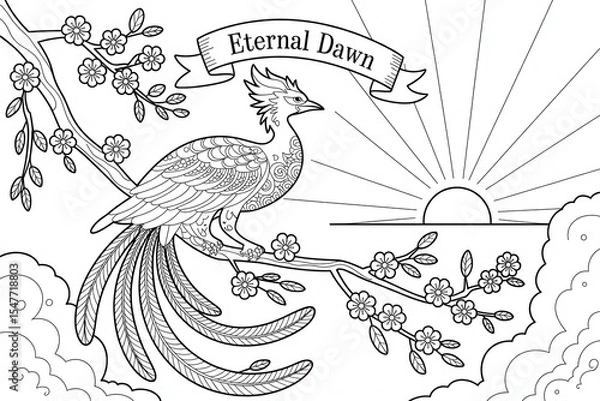 Obraz Mythical bird perched, eternal dawn, floral branches.
