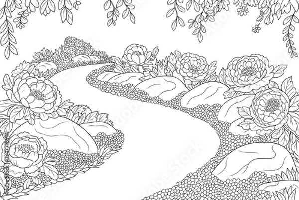 Fototapeta Meandering path lined with flowers and rocks. Peaceful, serene scene.
