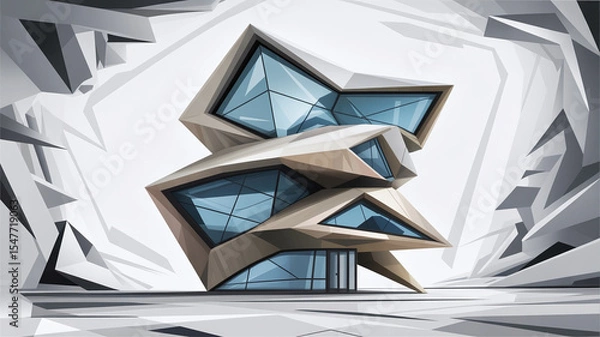 Fototapeta Futuristic, angular building in a white, abstract space.
